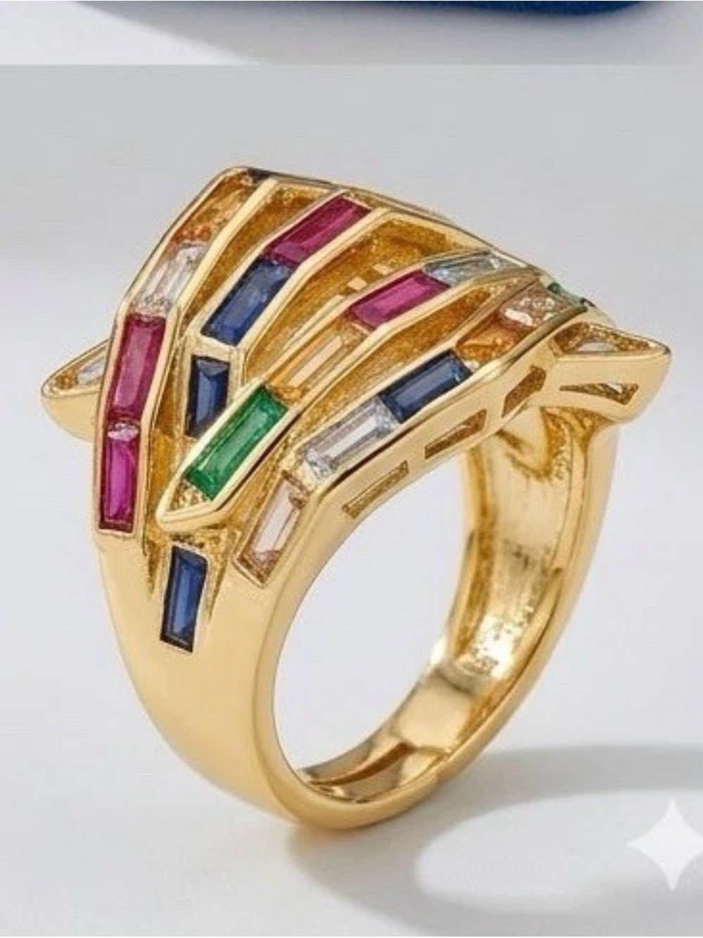Multicolor Baguette Stackable Gold Ring - Picture 3 of 6